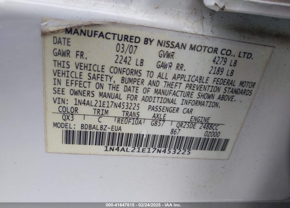 2007 NISSAN ALTIMA VIN: 1N4AL21E17N453225