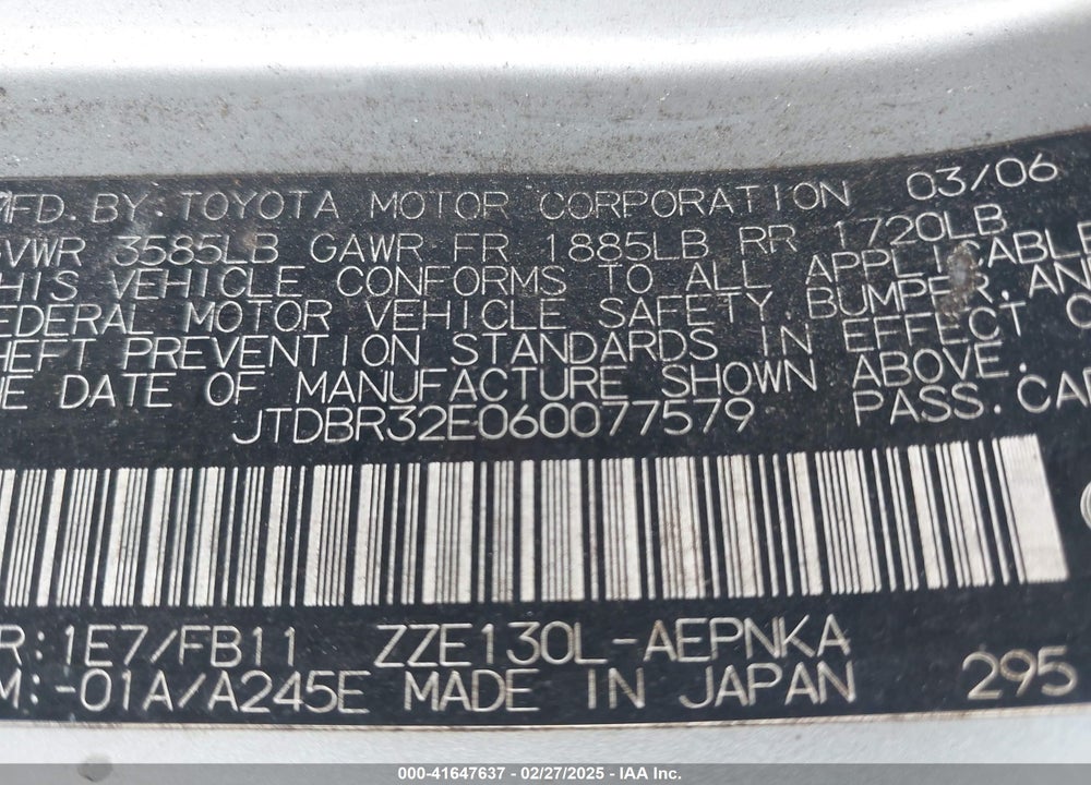 2006 TOYOTA COROLLA VIN: JTDBR32E060077579