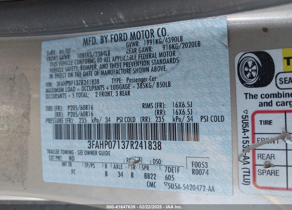 2007 FORD FUSION SE VIN: 3FAHP07137R241838