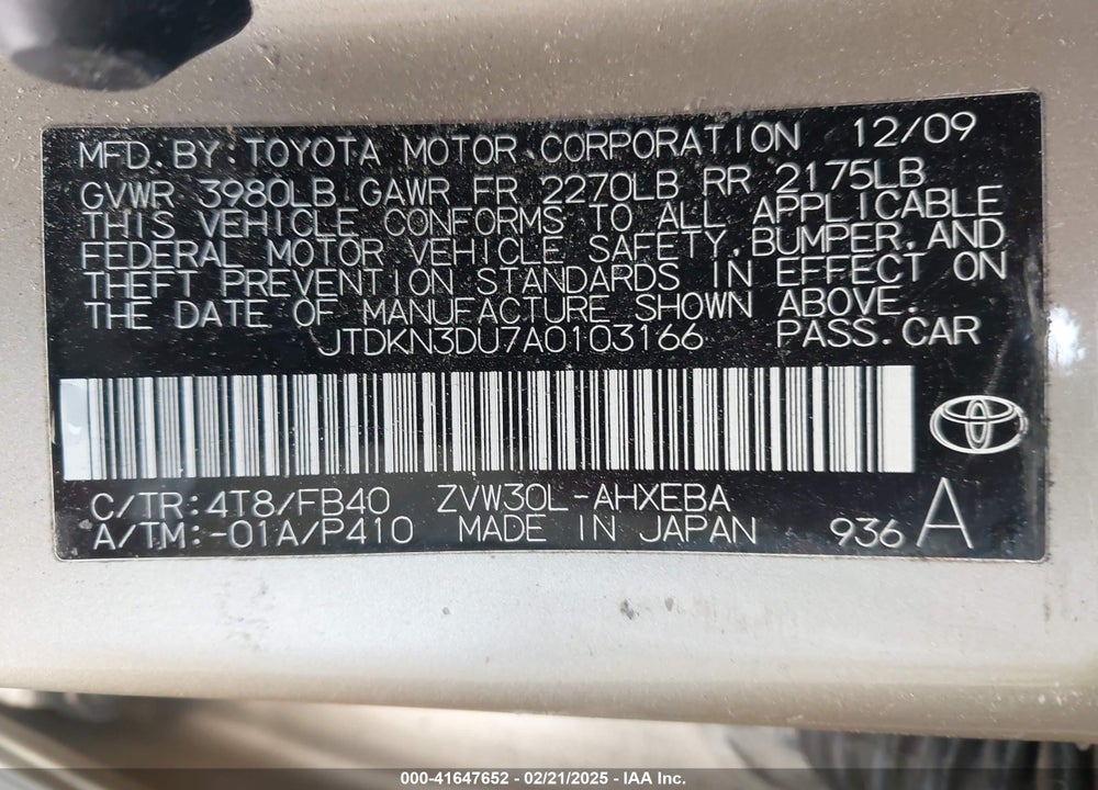 2010 TOYOTA PRIUS VIN: JTDKN3DU7A0103166