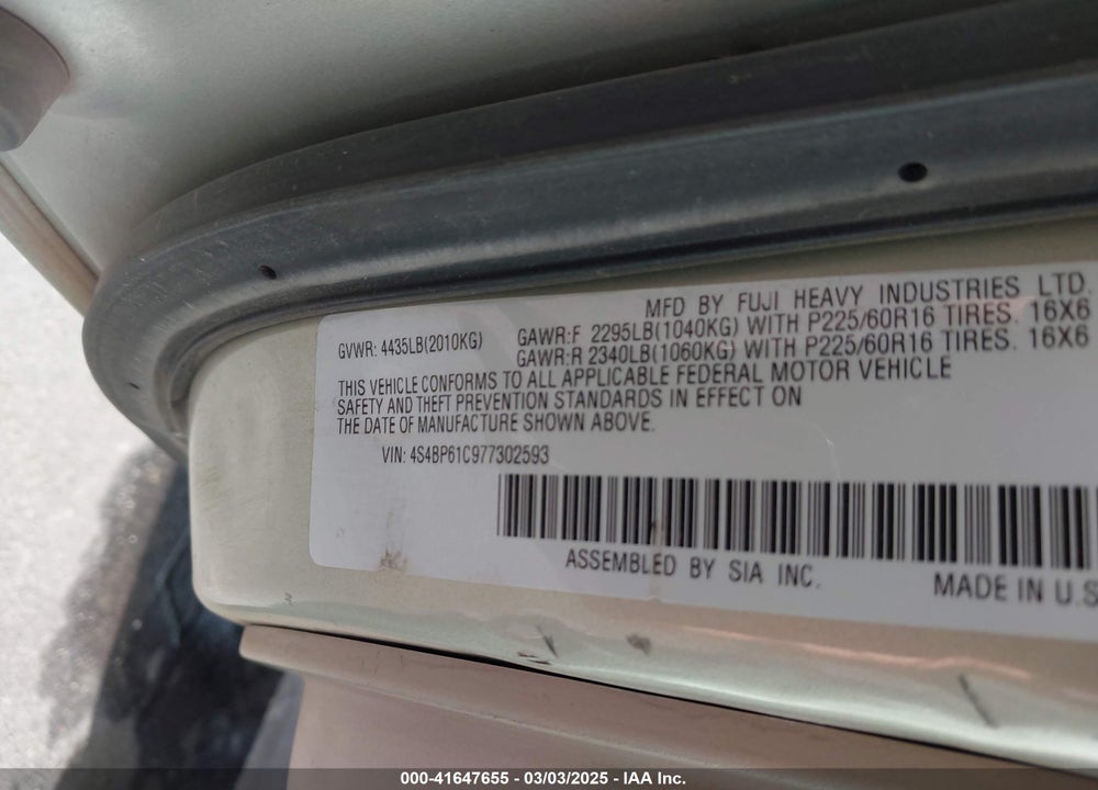 2007 SUBARU OUTBACK VIN: 4S4BP61C977302593