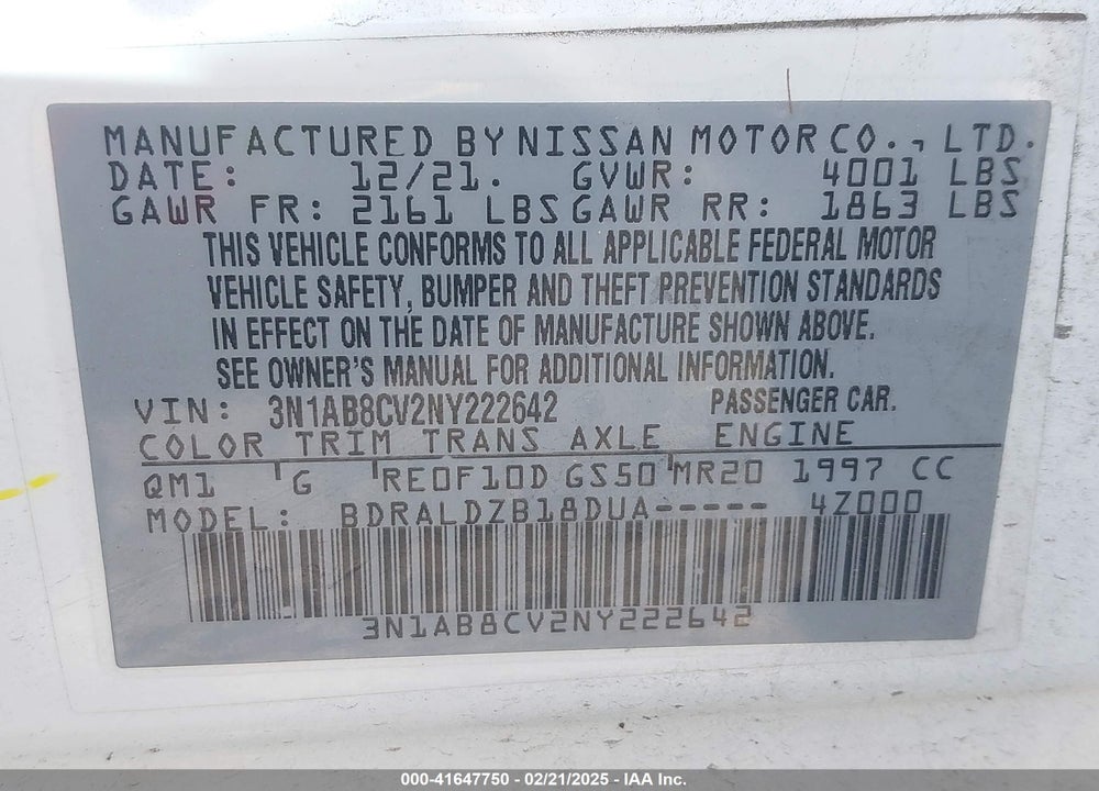 2022 NISSAN SENTRA VIN: 3N1AB8CV2NY222642