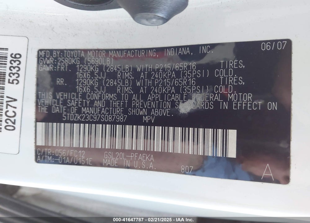 2007 TOYOTA SIENNA LE VIN: 5TDZK23C97S087987
