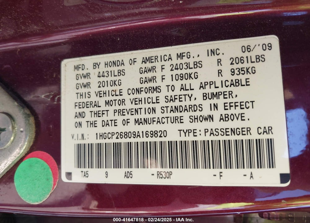 2009 HONDA ACCORD VIN: 1HGCP26809A169820