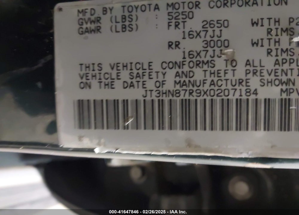 1999 TOYOTA 4RUNNER VIN: JT3HN87R9X0207184