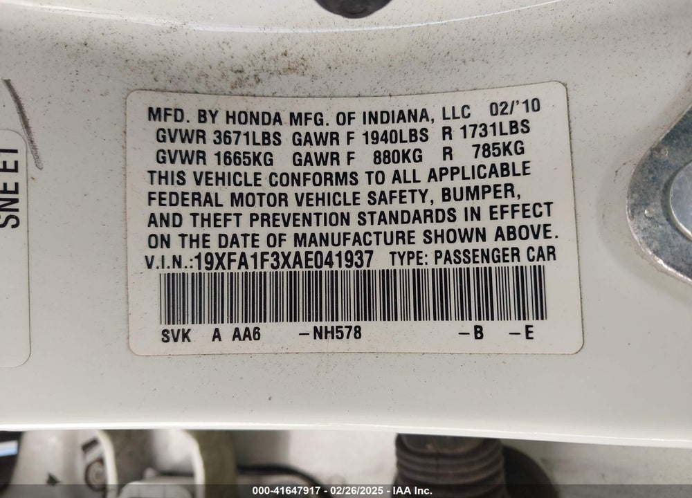 2010 HONDA CIVIC VP VIN: 19XFA1F3XAE041937