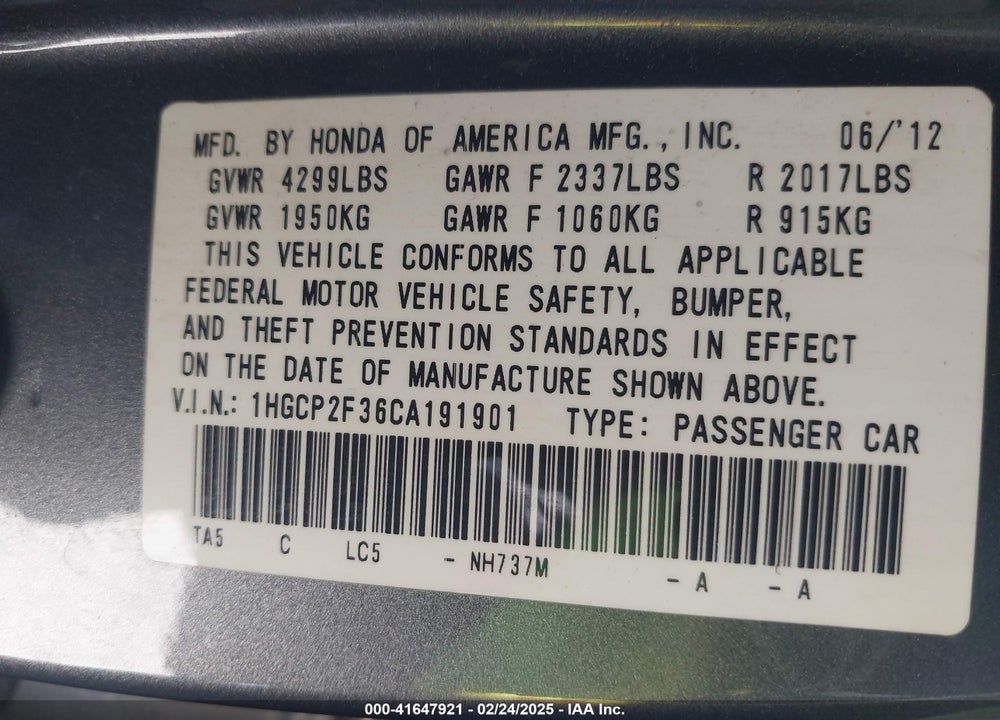 2012 HONDA ACCORD VIN: 1HGCP2F36CA191901