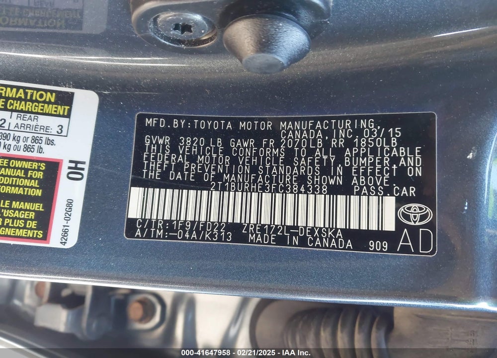2015 TOYOTA COROLLA VIN: 2T1BURHE3FC384338