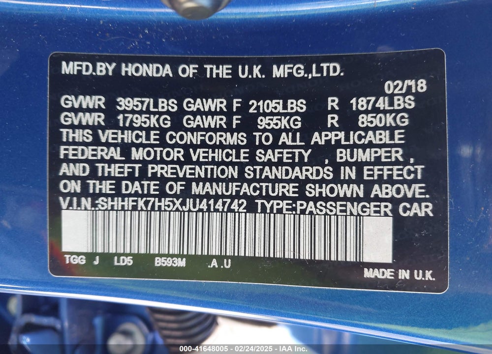 2018 HONDA CIVIC VIN: SHHFK7H5XJU414742