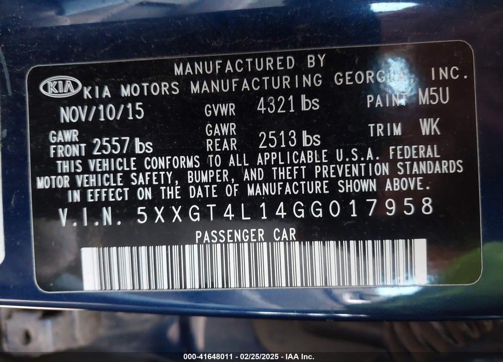 2016 KIA OPTIMA VIN: 5XXGT4L14GG017958