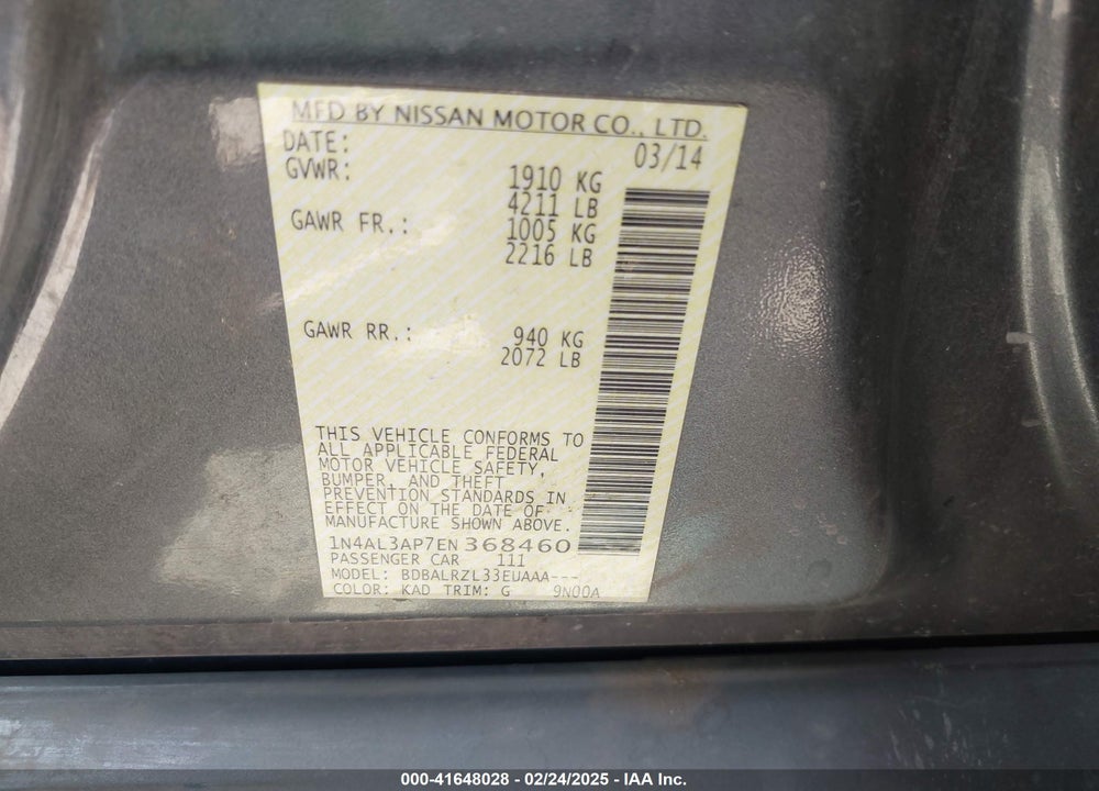 2014 NISSAN ALTIMA VIN: 1N4AL3AP7EN368460