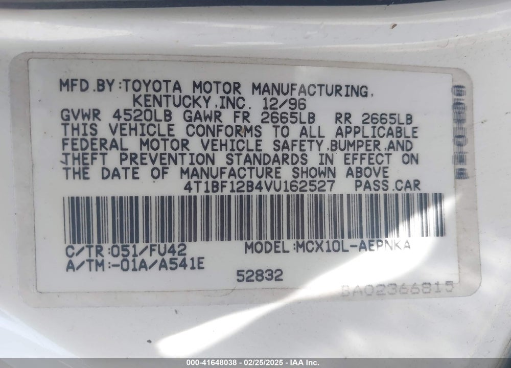 1997 TOYOTA AVALON VIN: 4T1BF12B4VU162527