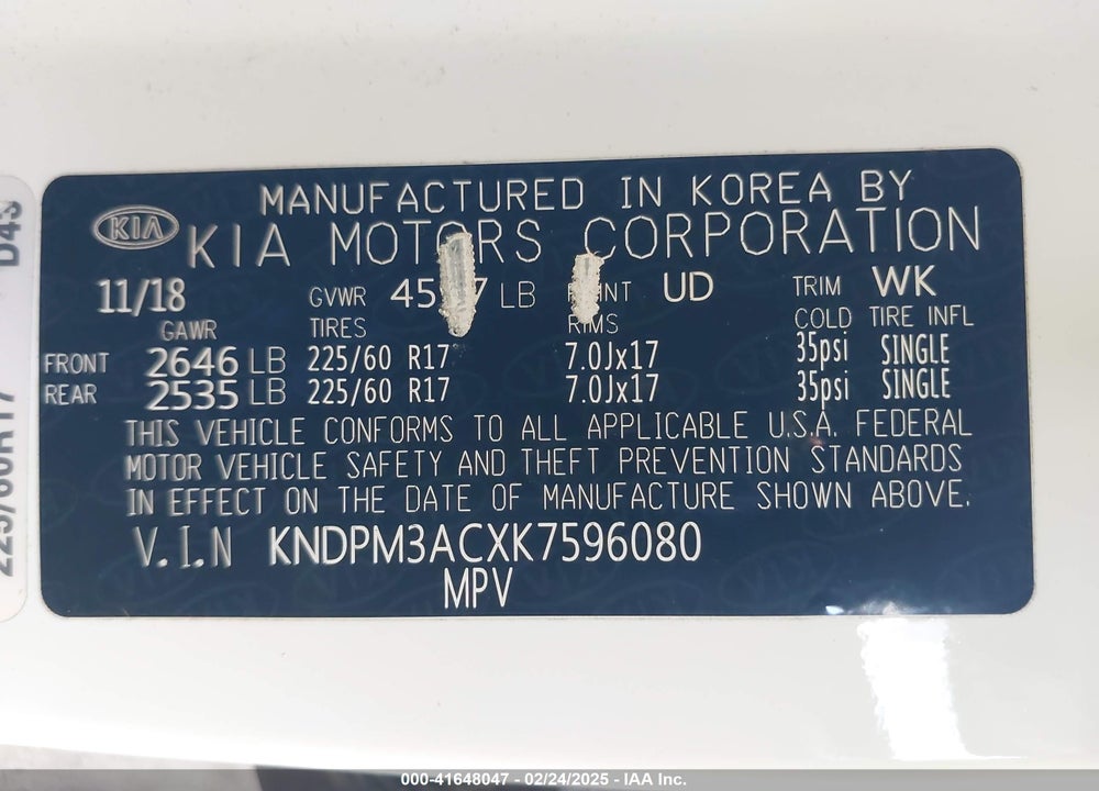 2019 KIA SPORTAGE LX VIN: KNDPM3ACXK7596080