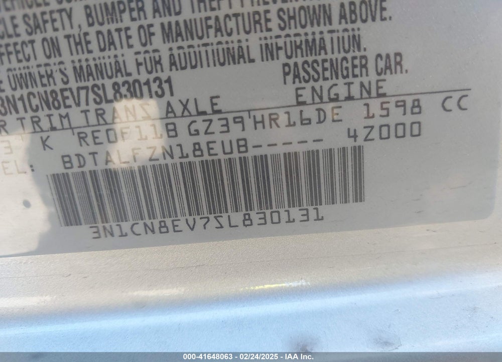 2025 NISSAN VERSA VIN: 3N1CN8EV7SL830131