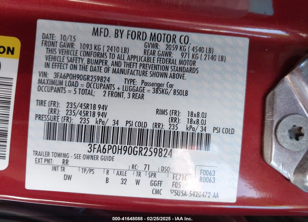 2016 FORD FUSION VIN: 3FA6P0H90GR259824