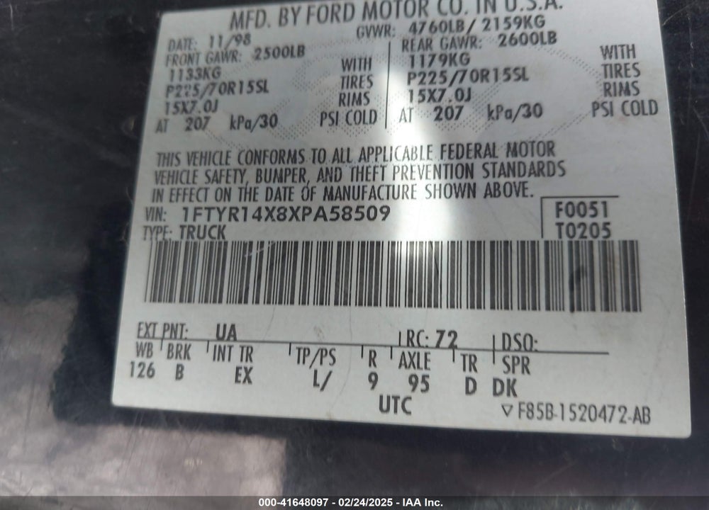1999 FORD RANGER XLT VIN: 1FTYR14X8XPA58509