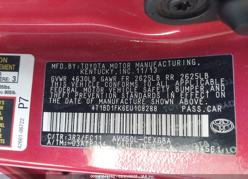 2014 TOYOTA CAMRY HYBRID VIN: 4T1BD1FK6EU108288