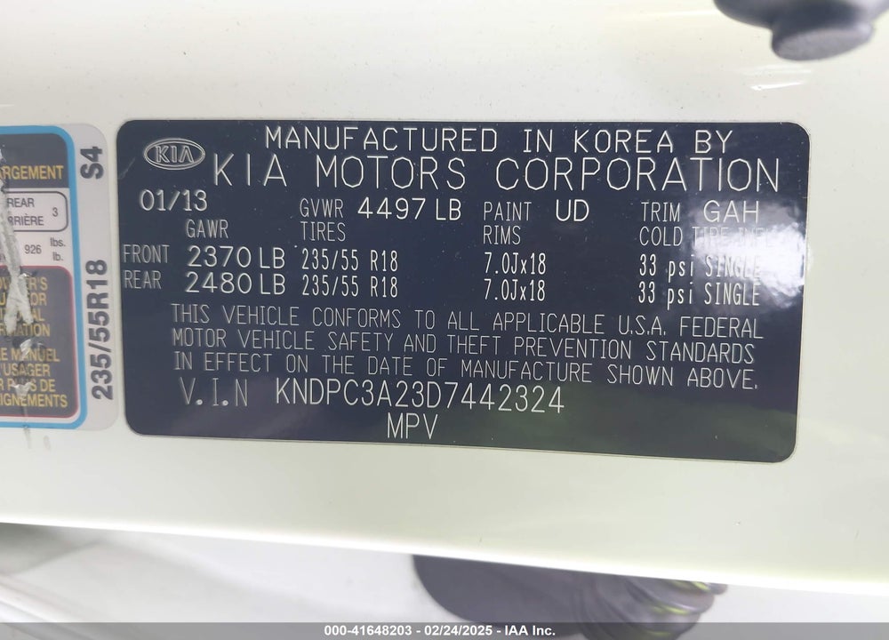 2013 KIA SPORTAGE EX VIN: KNDPC3A23D7442324