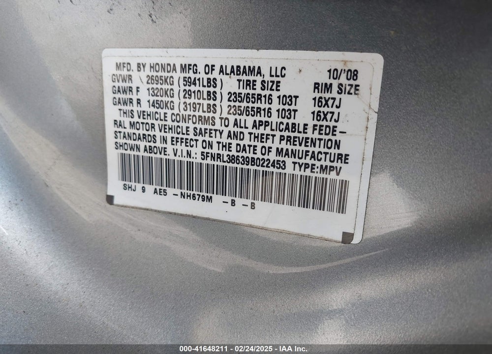 2009 HONDA ODYSSEY EX-L VIN: 5FNRL38639B022453