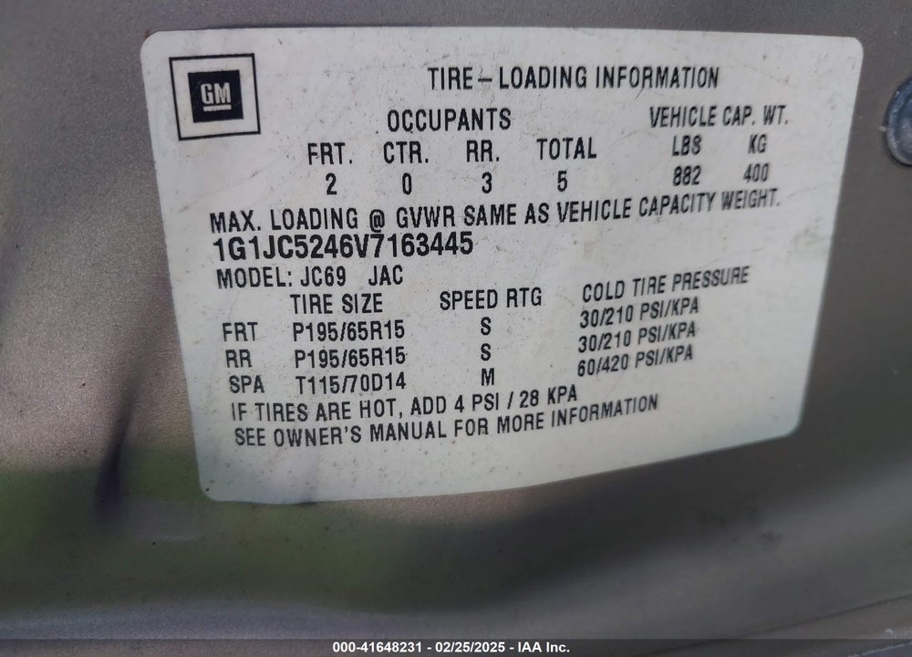 1997 CHEVROLET CAVALIER VIN: 1G1JC5246V7163445