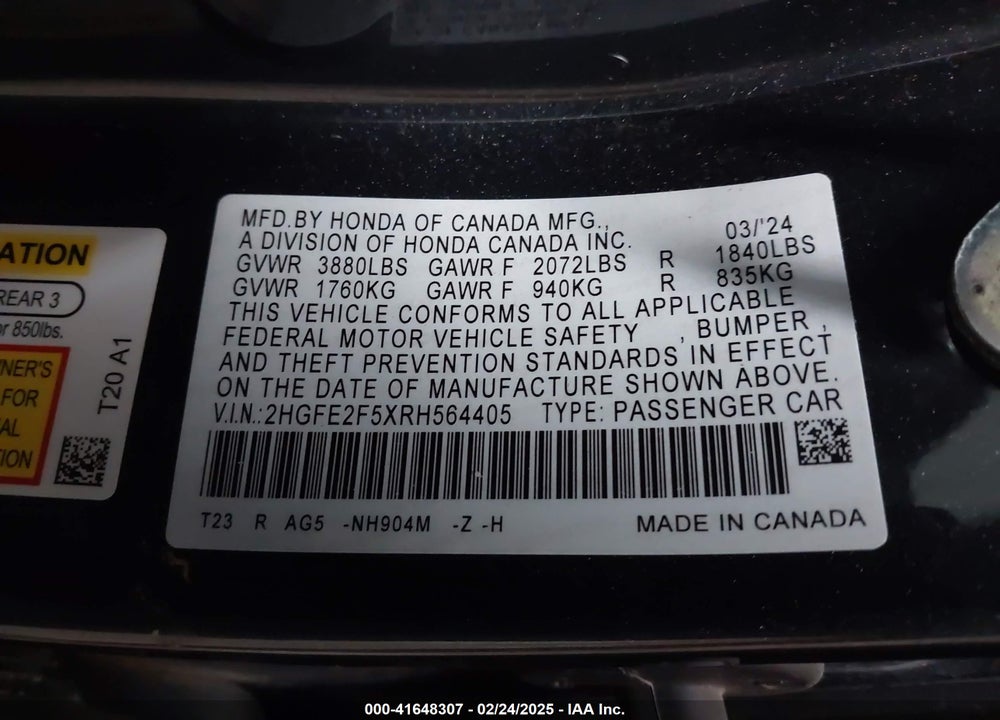 2024 HONDA CIVIC SPORT VIN: 2HGFE2F5XRH564405