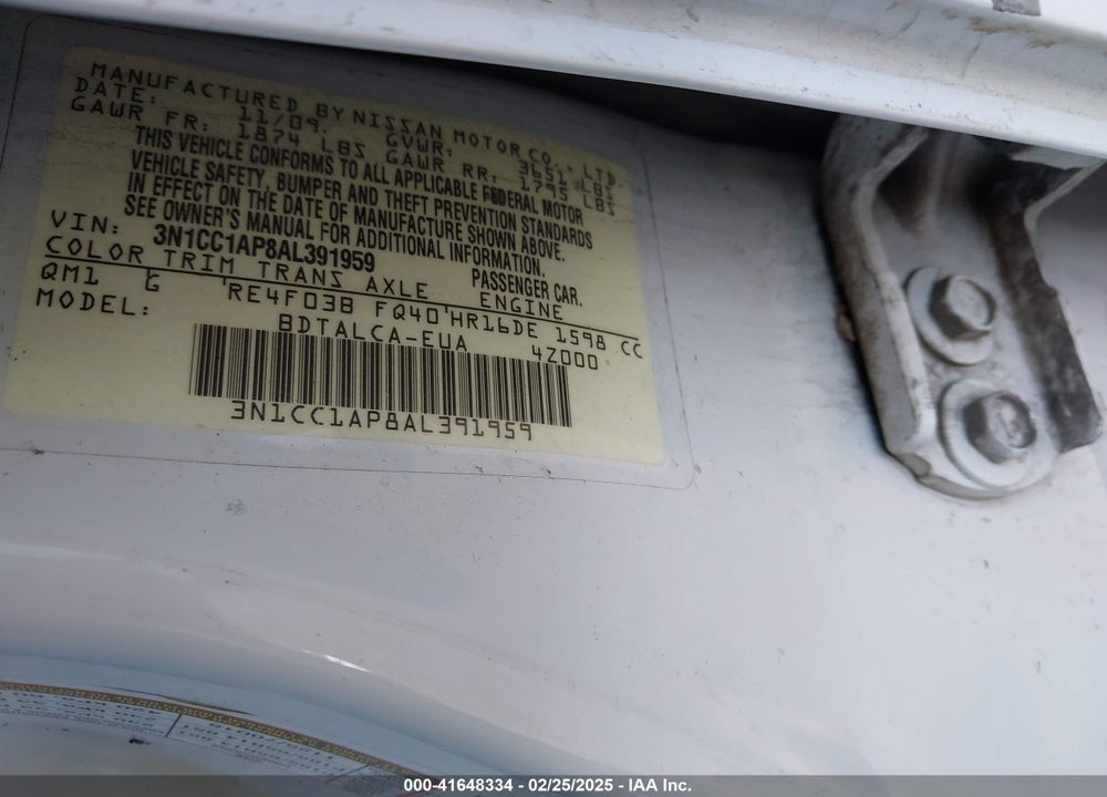 2010 NISSAN VERSA VIN: 3N1CC1AP8AL391959