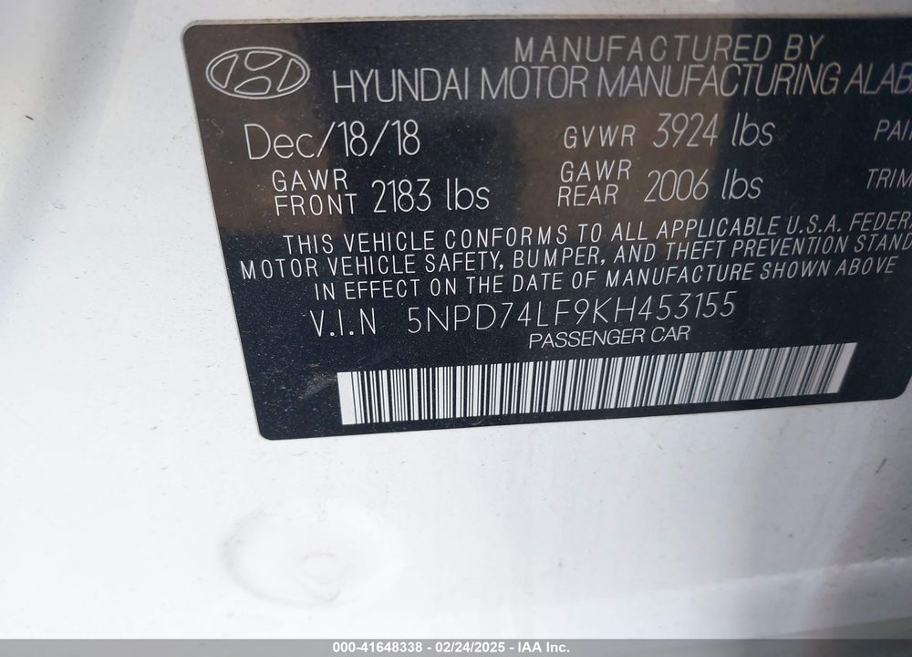 2019 HYUNDAI ELANTRA VIN: 5NPD74LF9KH453155