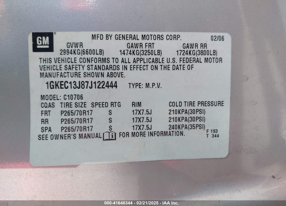 2007 GMC YUKON VIN: 1GKEC13J87J122444