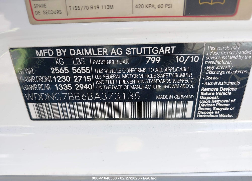 2011 MERCEDES-BENZ S 550 VIN: WDDNG7BB6BA373135