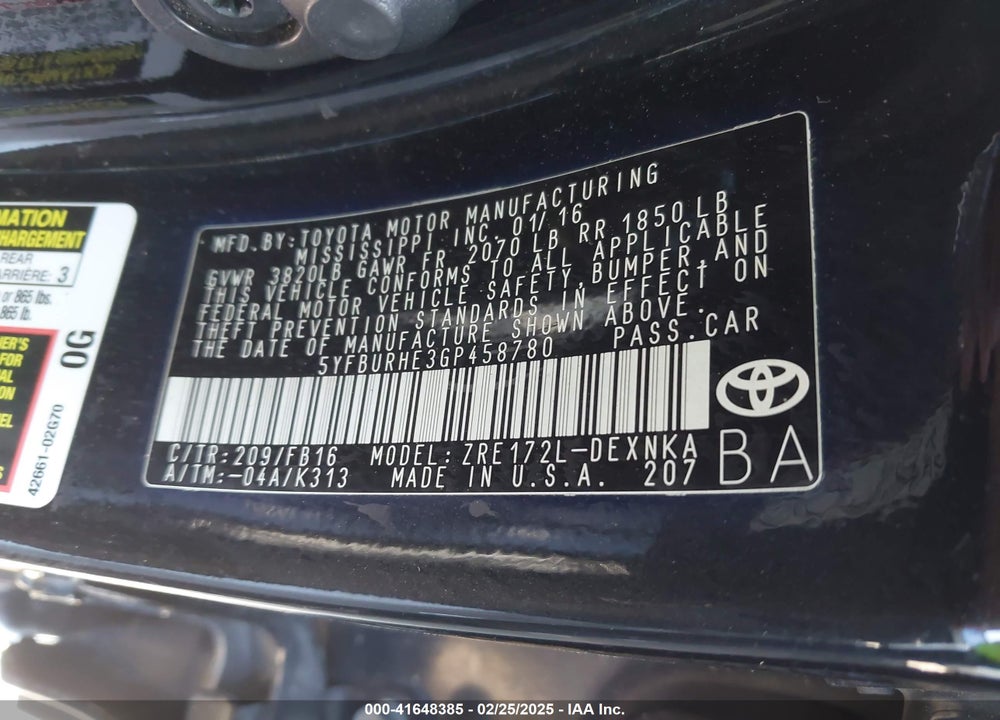 2016 TOYOTA COROLLA LE VIN: 5YFBURHE3GP458780