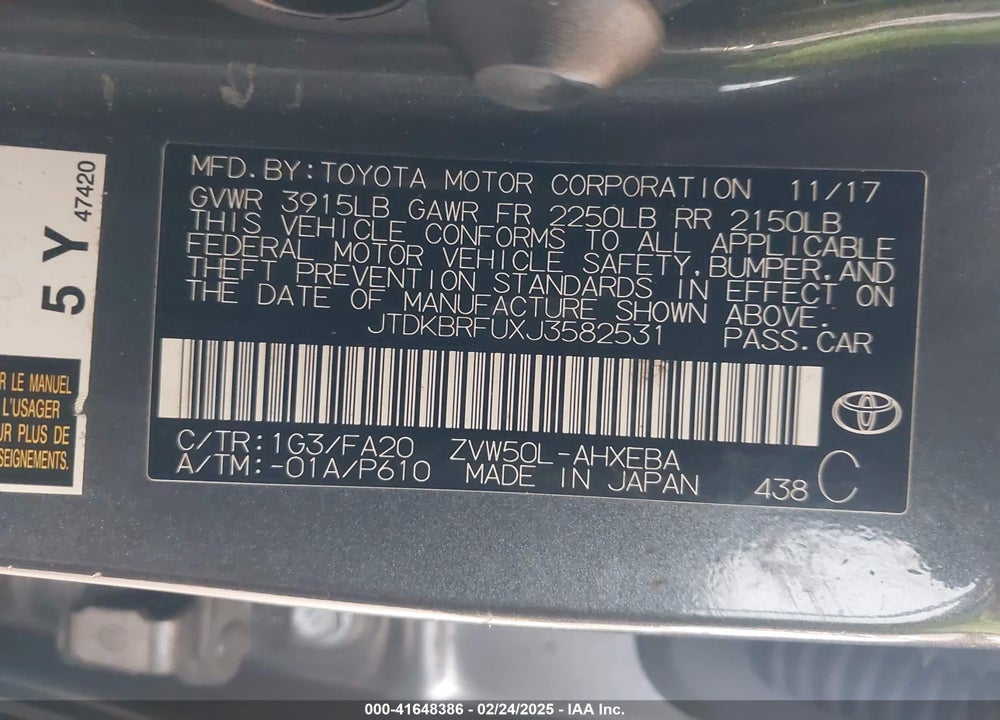 2018 TOYOTA PRIUS TWO VIN: JTDKBRFUXJ3582531