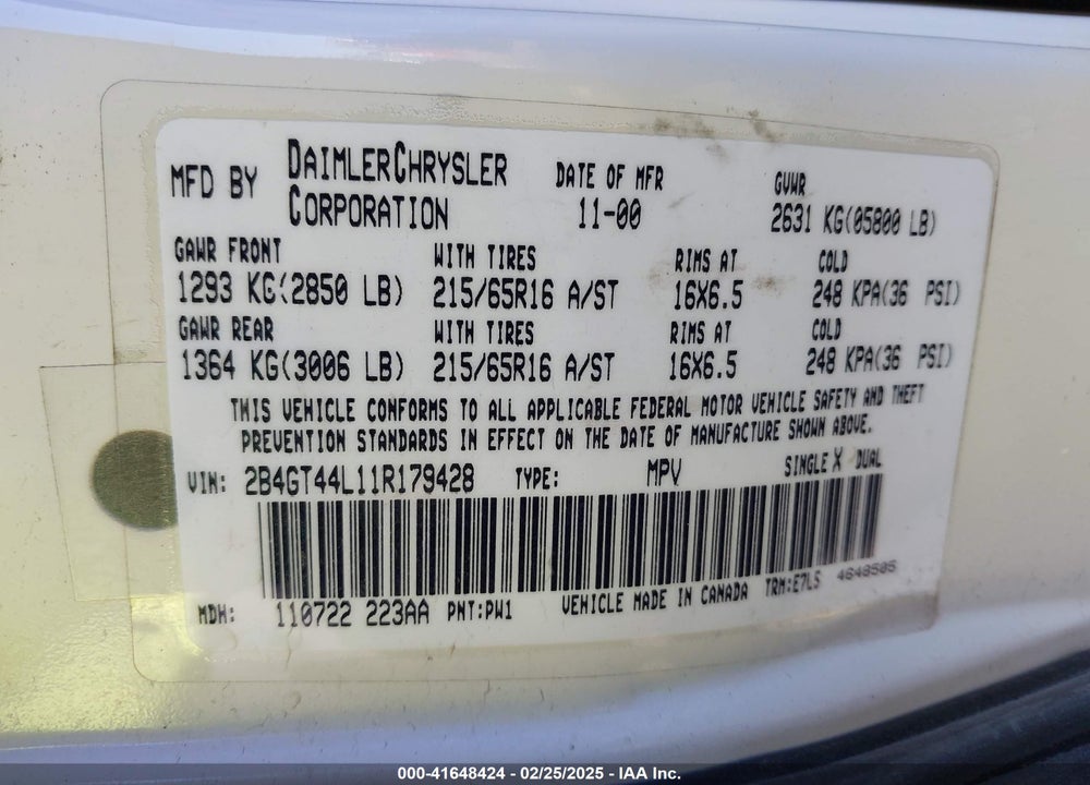 2001 DODGE GRAND CARAVAN SPORT VIN: 2B4GT44L11R179428