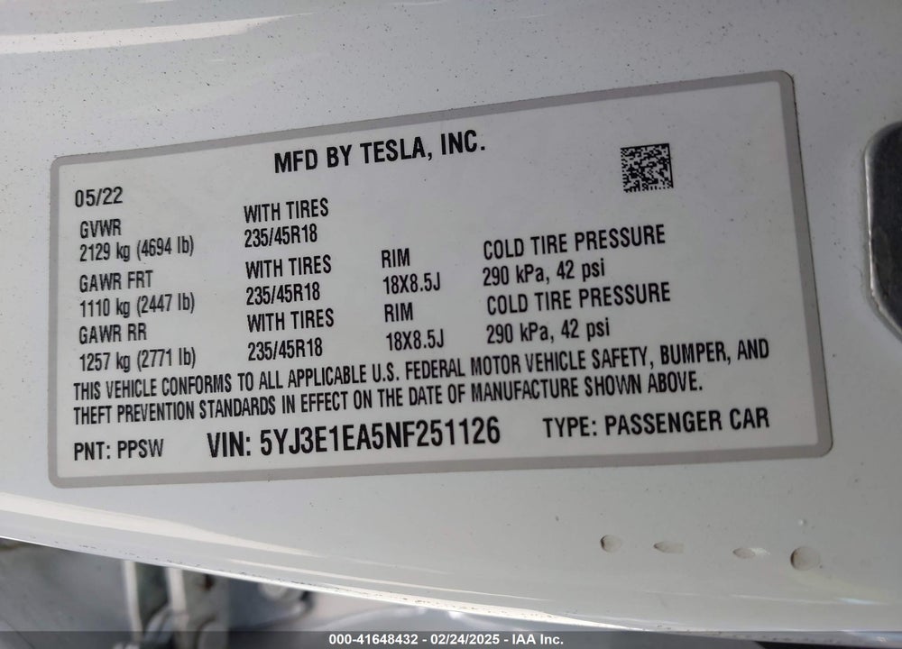 2022 TESLA MODEL 3 VIN: 5YJ3E1EA5NF251126