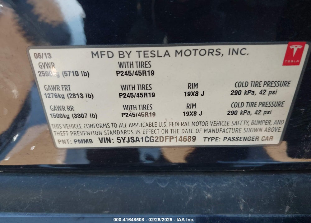 2013 TESLA MODEL S VIN: 5YJSA1CG2DFP14689