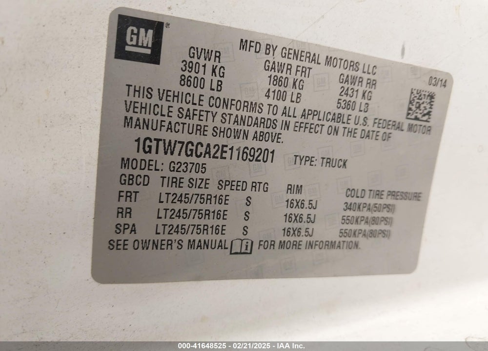 2014 GMC SAVANA 2500 VIN: 1GTW7GCA2E1169201