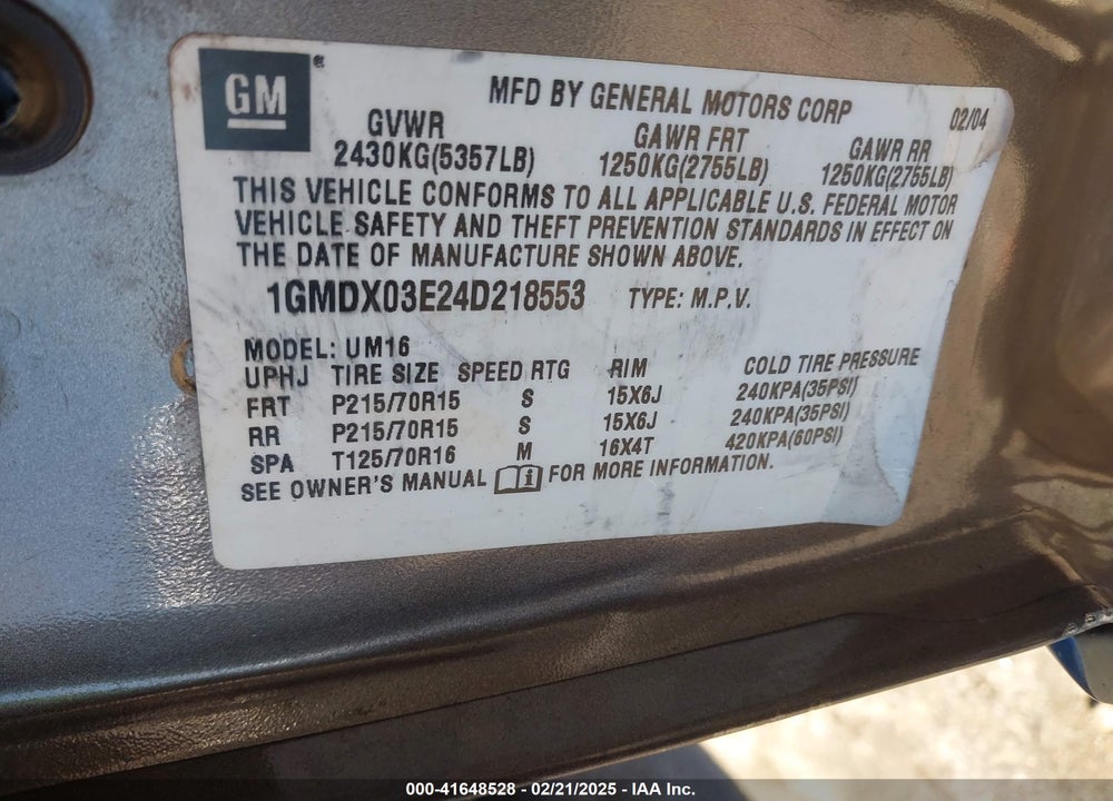 2004 PONTIAC MONTANA M16 W/1SA PKG. VIN: 1GMDX03E24D218553