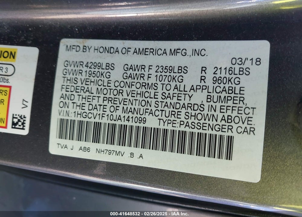 2018 HONDA ACCORD VIN: 1HGCV1F10JA141099