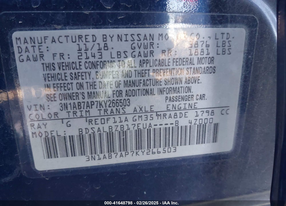 2019 NISSAN SENTRA VIN: 3N1AB7AP7KY266503