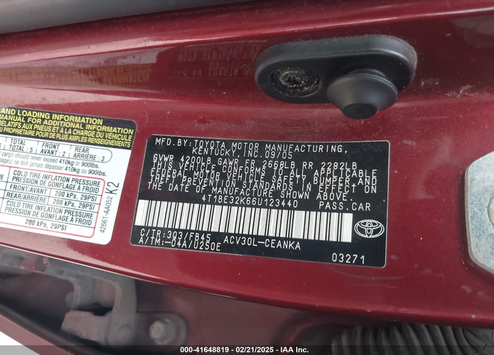 2006 TOYOTA CAMRY LE VIN: 4T1BE32K66U123440