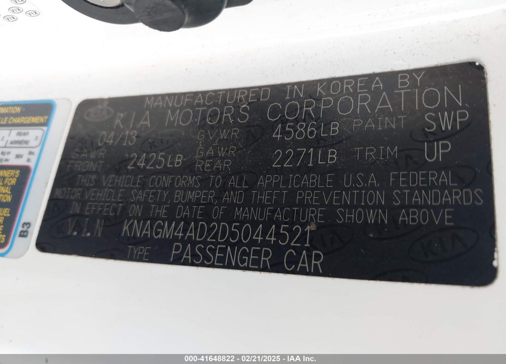 2013 KIA OPTIMA HYBRID VIN: KNAGM4AD2D5044521