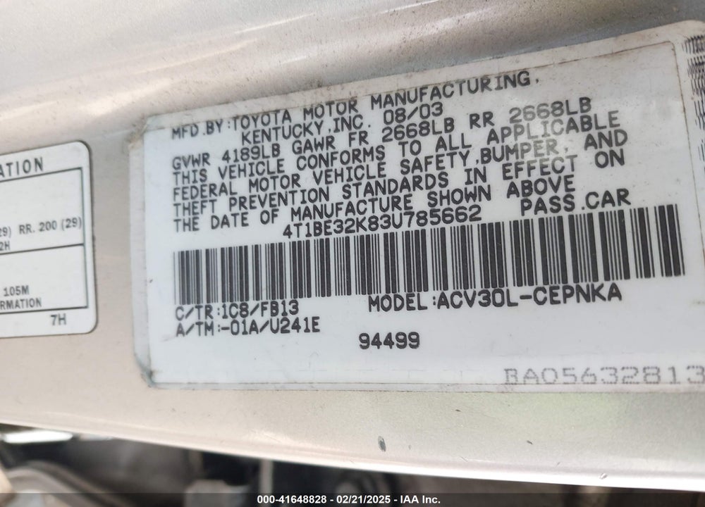 2003 TOYOTA CAMRY VIN: 4T1BE32K83U785662