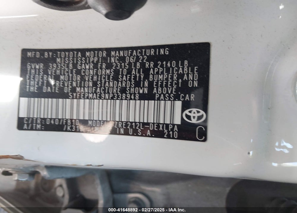 2022 TOYOTA COROLLA VIN: 5YFEPMAE9NP338948