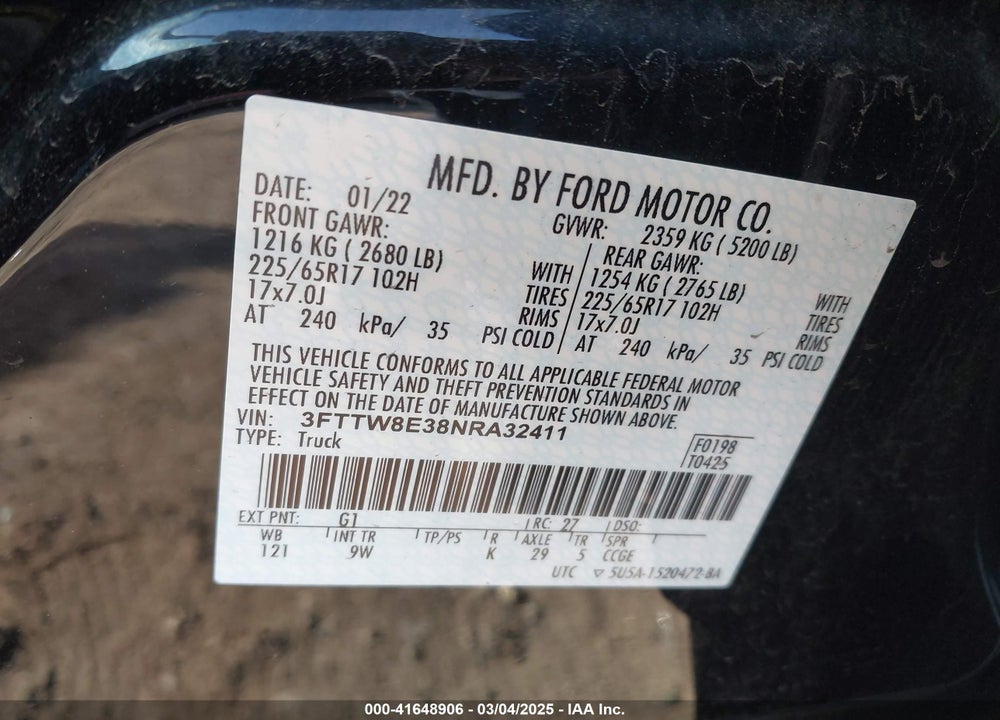 2022 FORD MAVERICK VIN: 3FTTW8E38NRA32411