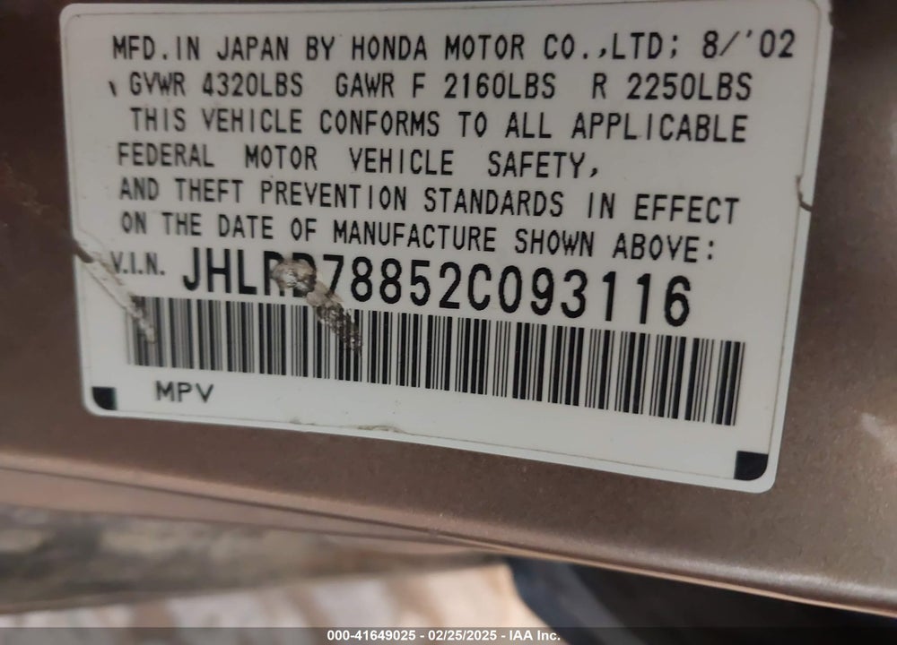 2002 HONDA CR-V VIN: JHLRD78852C093116