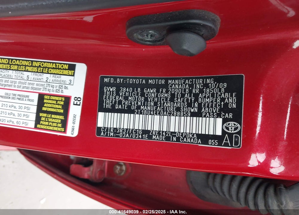 2010 TOYOTA COROLLA VIN: 2T1BU4EE0AC288859