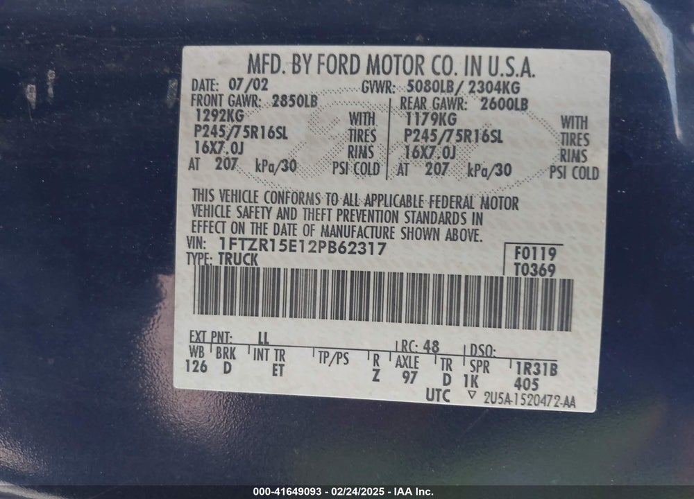 2002 FORD RANGER XLT VIN: 1FTZR15E12PB62317
