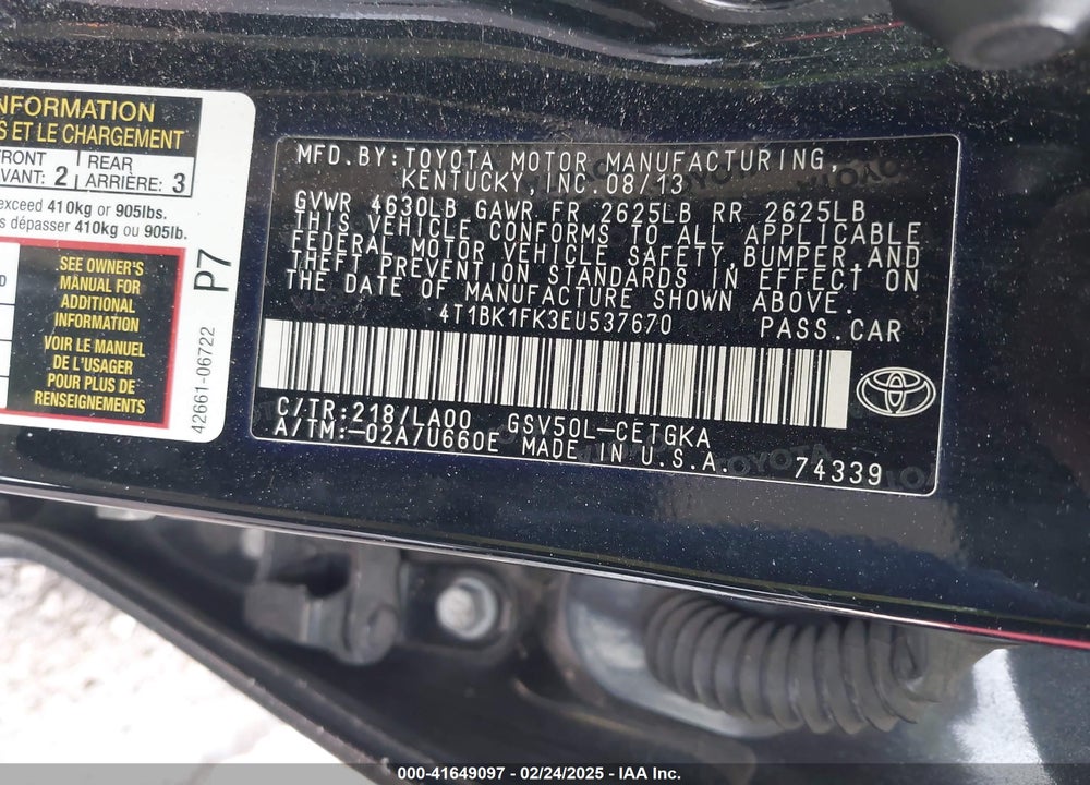 2014 TOYOTA CAMRY VIN: 4T1BK1FK3EU537670