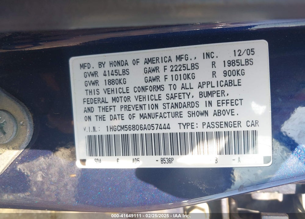 2006 HONDA ACCORD VIN: 1HGCM56806A057444