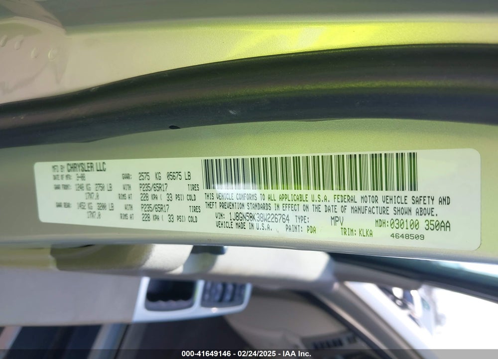 2008 JEEP LIBERTY VIN: 1J8GN58K38W226764