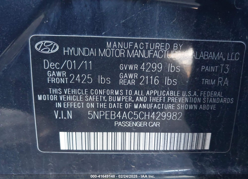 2012 HYUNDAI SONATA VIN: 5NPEB4AC5CH429982